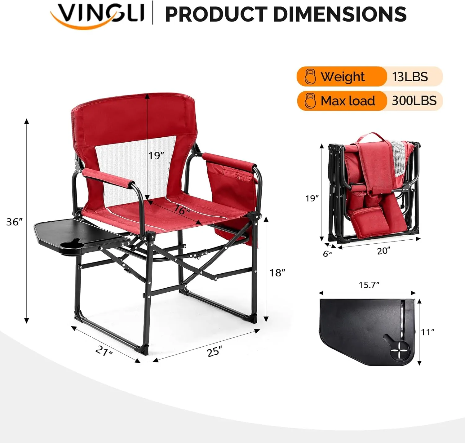 VINGLI Camping Chairs, Directors Chair, Camping Chair with Side Table & Carry Bag，Heavy Duty Camping Chairs for Adults,Portable Folding Camping Chair 2 Pack, for Beach, Fishing,Trip,Picnic,Lawn-Red