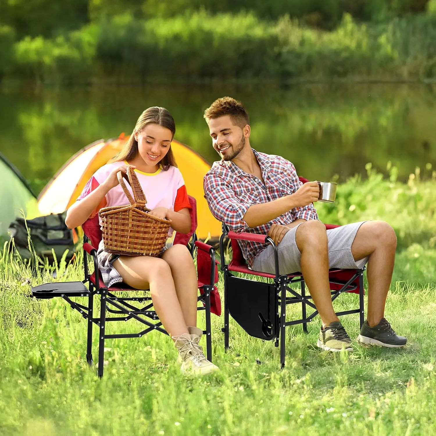 VINGLI Camping Chairs, Directors Chair, Camping Chair with Side Table & Carry Bag，Heavy Duty Camping Chairs for Adults,Portable Folding Camping Chair 2 Pack, for Beach, Fishing,Trip,Picnic,Lawn-Red