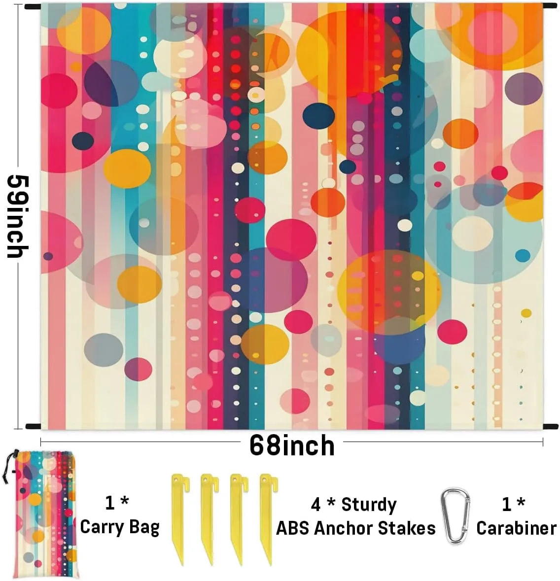 Vintage Abstract Beach Blanket, Sandproof Beach Mat, 68 x 59 Waterproof Quick Drying Sand Free Mat with 4 x Ground Spikes for Outdoor Travel Camping Hiking, Abstract Art