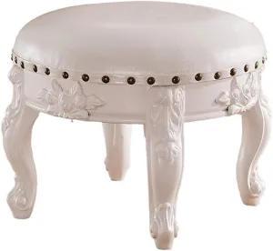 Vintage Faux Leather Carved Footstool with Buttons 4 Carved Legs Sofa with European Decorations Coffee Table Stool,Cream White Padded Round Footstool (Creamy White)