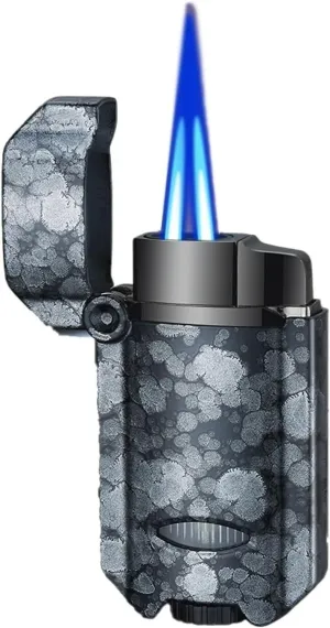 Vintage Knurled High-End Windproof Butane Lighter with Clear Air Window, Portable Lighter, Dual Straight Blue Flames, Great Gift for Men (Fuel Not Included)(Black)