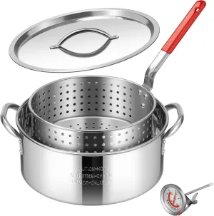 VIVOHOME 10Qt Stainless Steel Fish Fryer Pot with Thermometer and Lid, Deep Fryer with 6.7Qt Basket for Cooking Chicken Wings, Seafood, French Fries