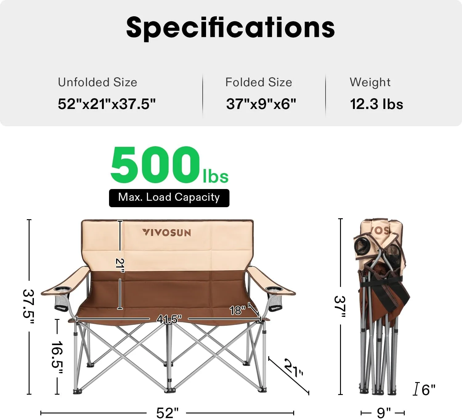 VIVOSUN Double Camping Chair, Fully Padded Folding Loveseat, Portable Oversized Duo Chair with Storage Cup Holders, Height-Adjustable Armrests & Carry Bag, Supports up to 500lbs, Brown & Cream