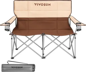 VIVOSUN Double Camping Chair, Fully Padded Folding Loveseat, Portable Oversized Duo Chair with Storage Cup Holders, Height-Adjustable Armrests & Carry Bag, Supports up to 500lbs, Brown & Cream