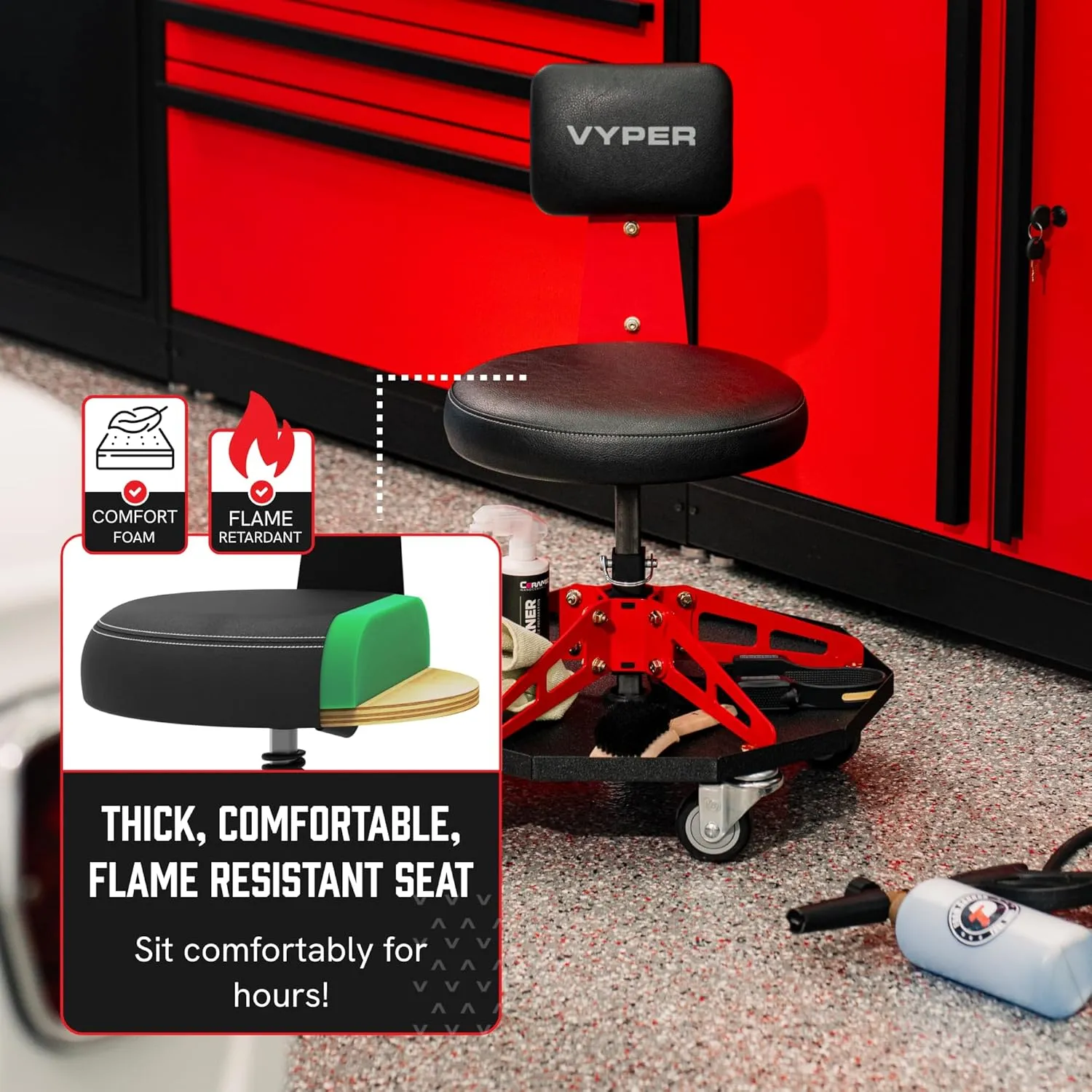 Vyper Robust Steel Sport Shop Chair for Mechanics, Automotive, DIY - 300 lb Capacity Garage Stool with Backrest & Large Wheels (Black Seat, Black Frame)