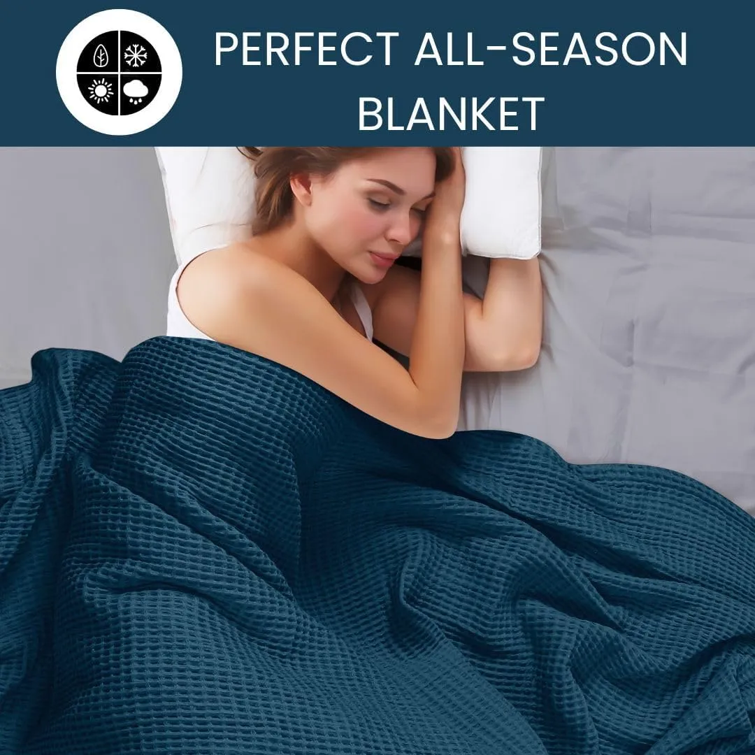 Waffle Blanket 100% Combed Cotton - Soft Breathable Lightweight All-Season Blanket, Perfect for Bed, Couch, Sofa, or Layering - Cozy 90x90 Inch Queen Thermal Prewashed Throw Blanket Teal