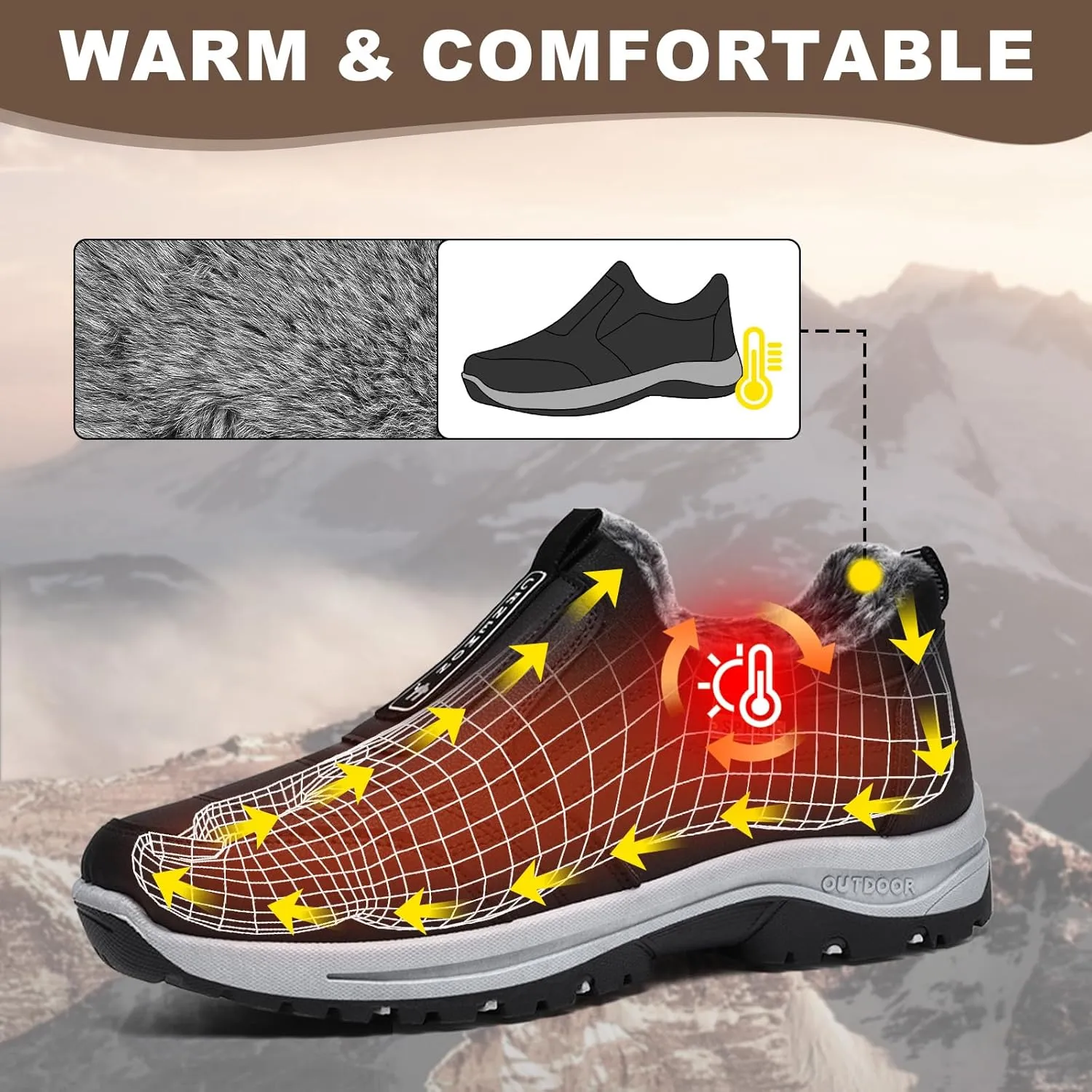 Walking Hiking Slip-On Shoes,Winter Outdoor Trekking Orthopedic Arch Support Trainers Waterproof Work Sports Shoes Extra Wide Anti Slip Climbing Trails Sneakers,Black,43EU