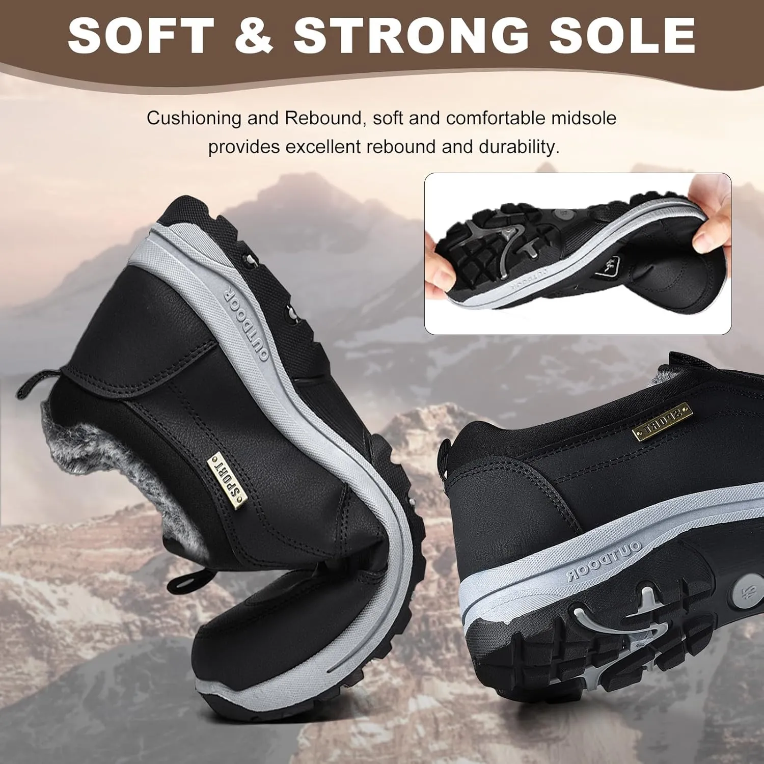 Walking Hiking Slip-On Shoes,Winter Outdoor Trekking Orthopedic Arch Support Trainers Waterproof Work Sports Shoes Extra Wide Anti Slip Climbing Trails Sneakers,Black,43EU