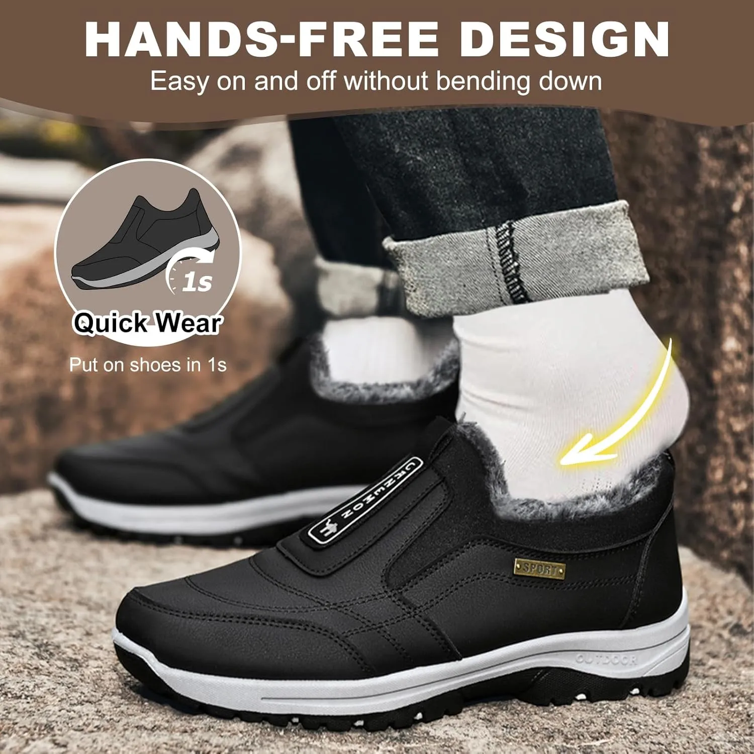 Walking Hiking Slip-On Shoes,Winter Outdoor Trekking Orthopedic Arch Support Trainers Waterproof Work Sports Shoes Extra Wide Anti Slip Climbing Trails Sneakers,Black,43EU
