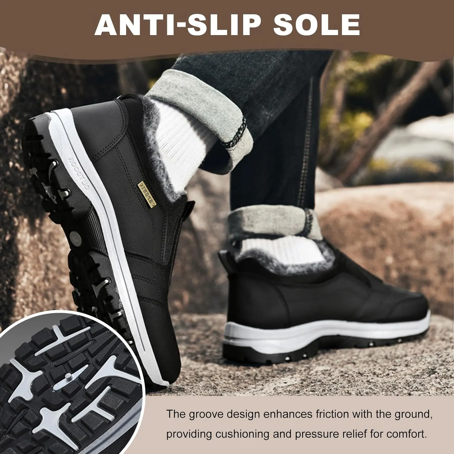 Walking Hiking Slip-On Shoes,Winter Outdoor Trekking Orthopedic Arch Support Trainers Waterproof Work Sports Shoes Extra Wide Anti Slip Climbing Trails Sneakers,Black,43EU