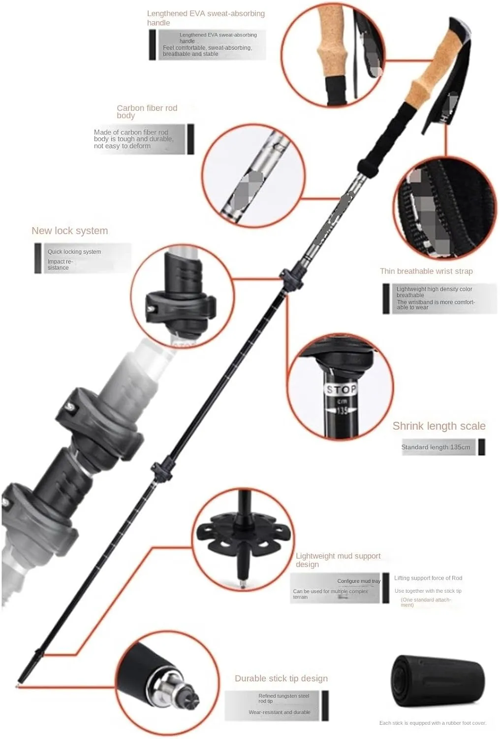 Walking Stick Hiking Poles Adjustable Hiking Walking Sticks Ultralight Carbon Fiber Trekking Poles for Camping Climbing Hiking Gear Trekking Poles
