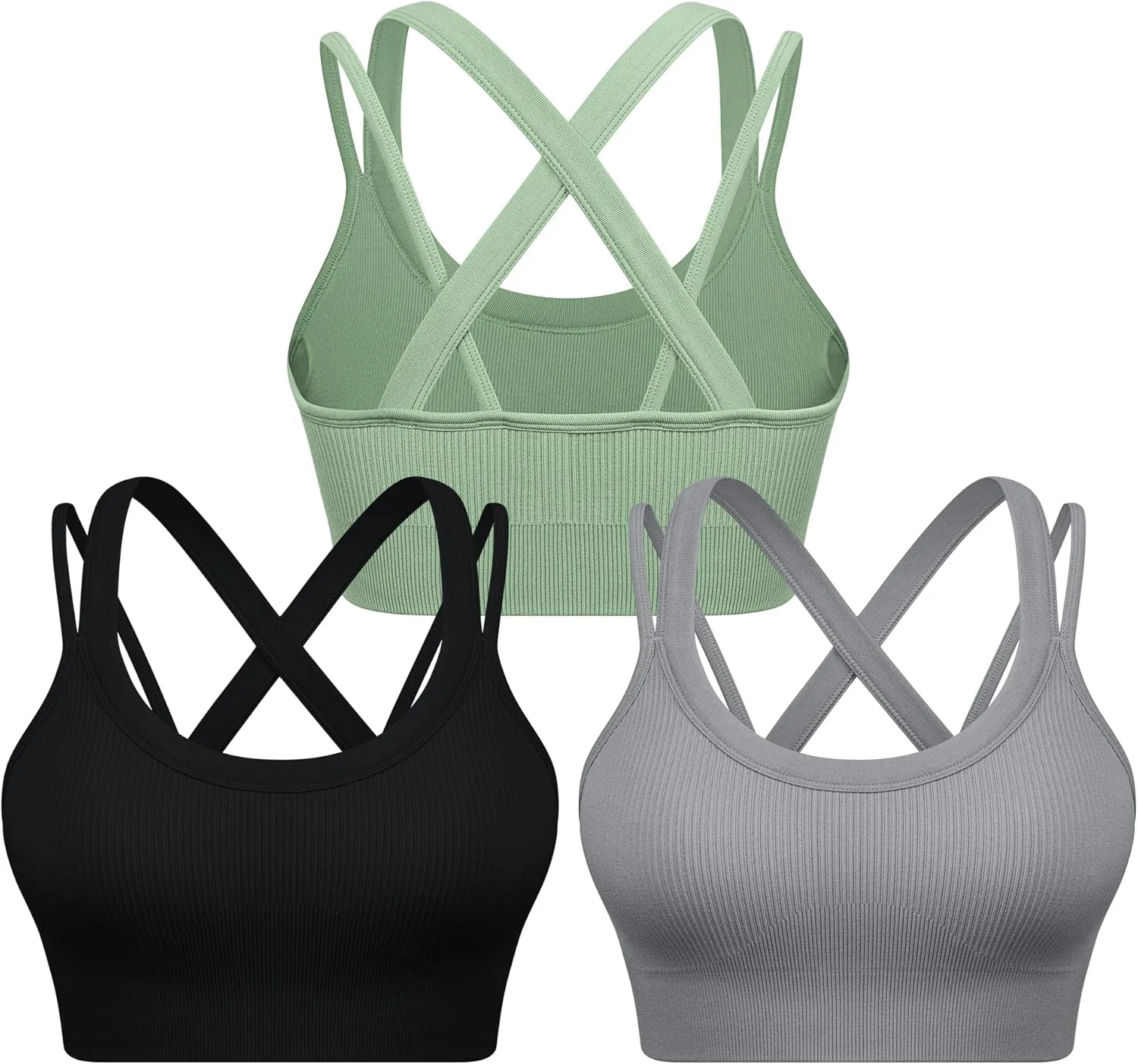 WANAYOU Sports Bras for Women High Support Ribbed Strappy Running Sports Bra Criss Cross Back Workout Bra Padded 3 Pack