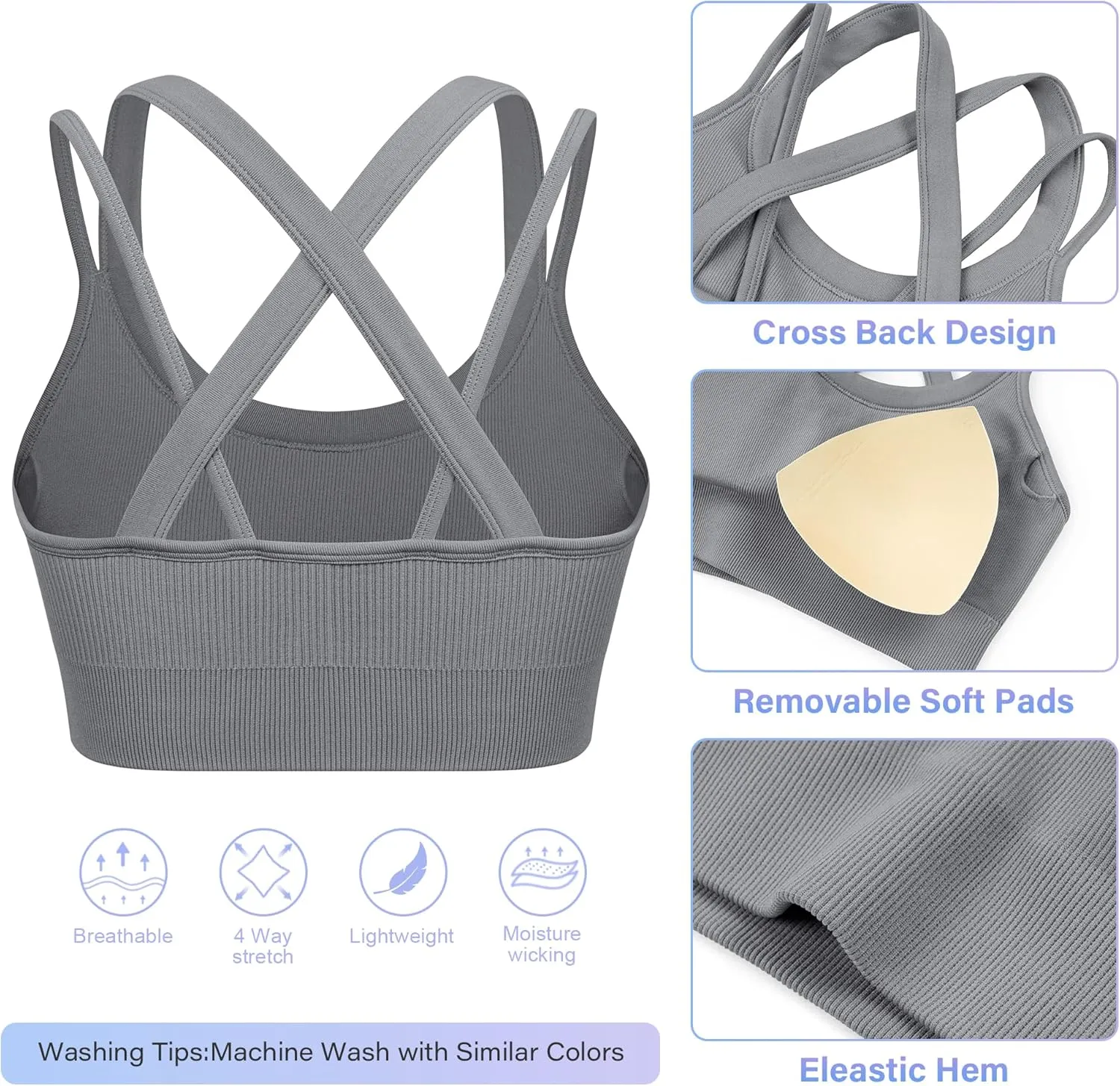 WANAYOU Sports Bras for Women High Support Ribbed Strappy Running Sports Bra Criss Cross Back Workout Bra Padded 3 Pack