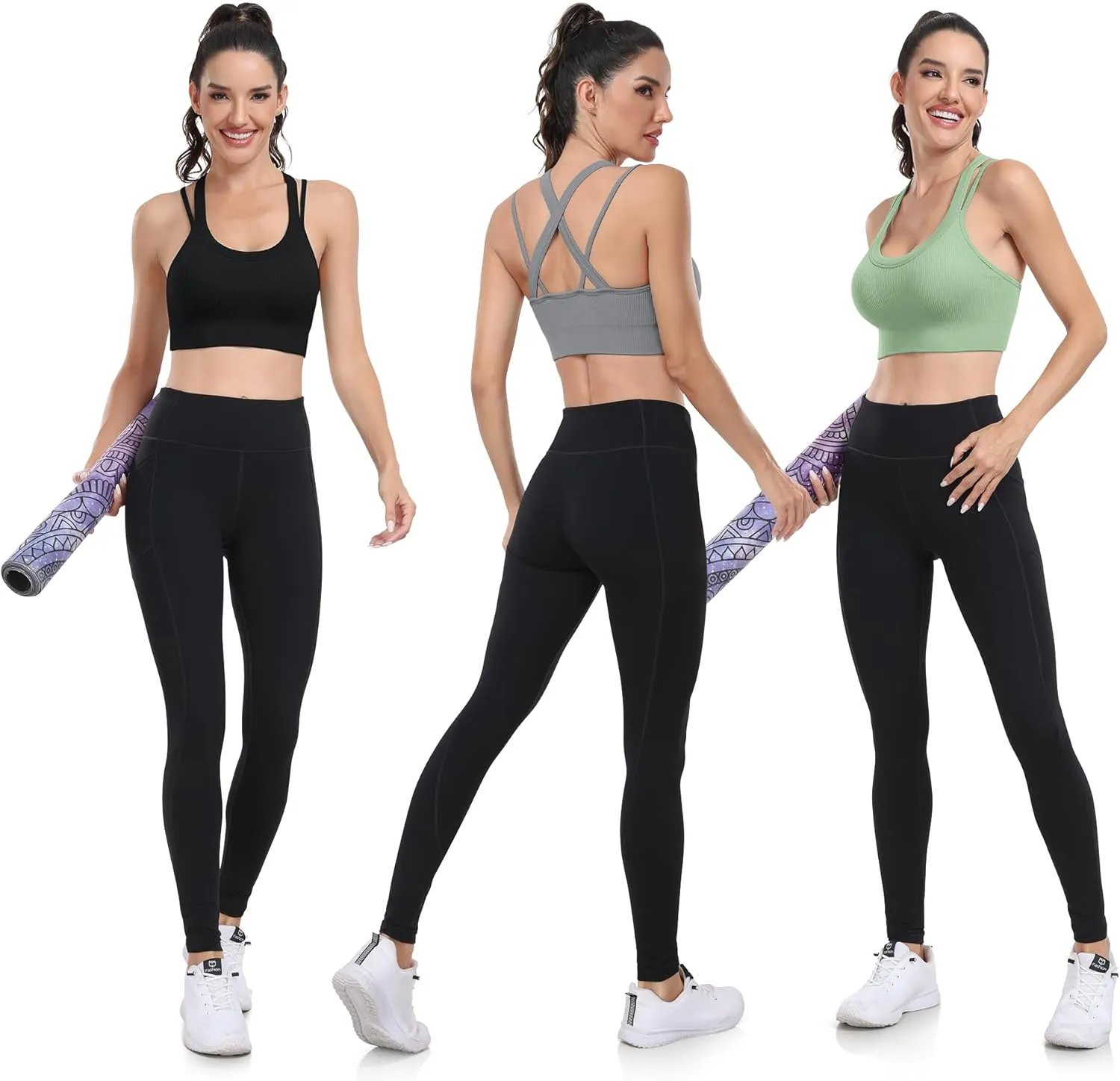 WANAYOU Sports Bras for Women High Support Ribbed Strappy Running Sports Bra Criss Cross Back Workout Bra Padded 3 Pack