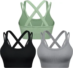 WANAYOU Sports Bras for Women High Support Ribbed Strappy Running Sports Bra Criss Cross Back Workout Bra Padded 3 Pack
