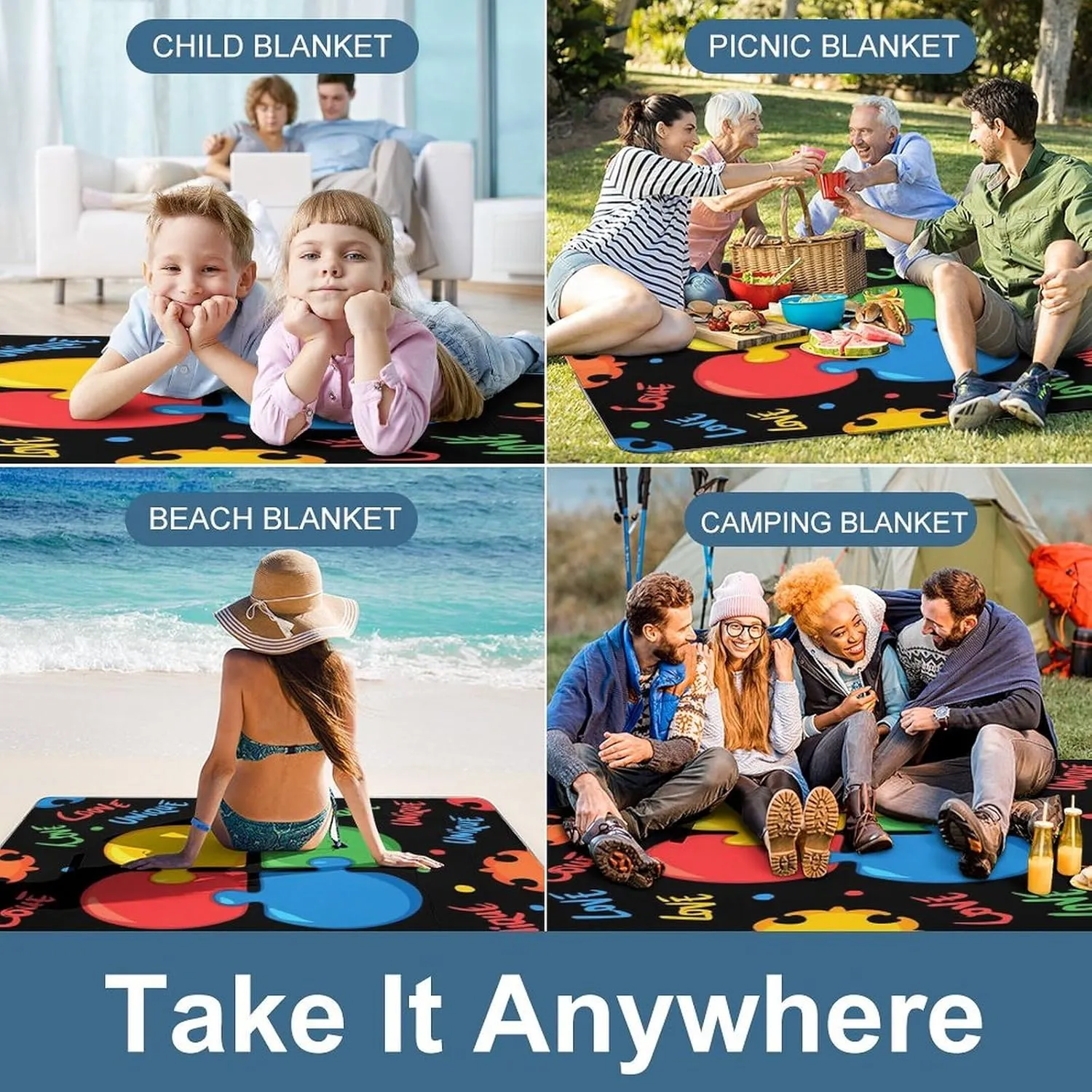 Waterproof Colorful Autism Awareness Puzzle Pieces Heart Black Picnic Blanket with Strap, Foldable and Portable Mat for Indoor Family, Beach, Park, Travel, Camping