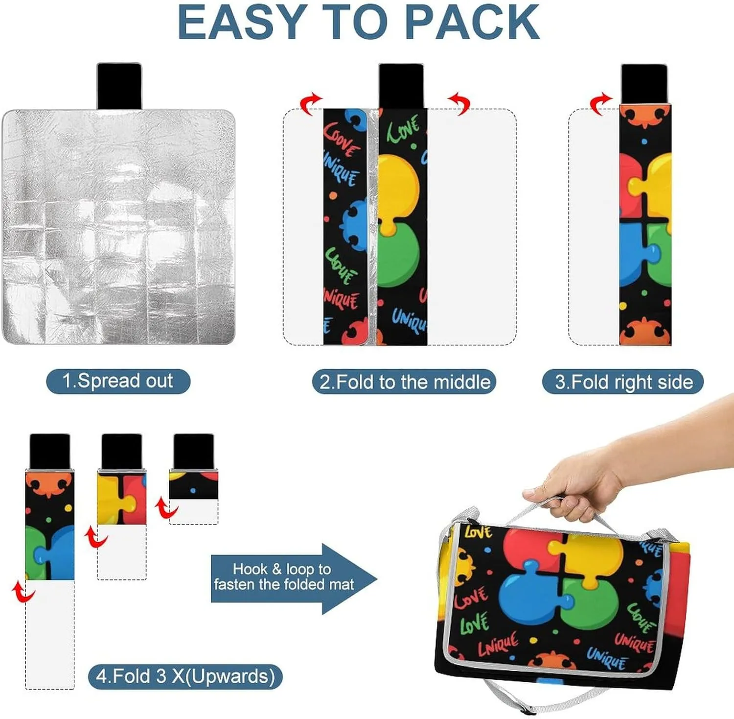 Waterproof Colorful Autism Awareness Puzzle Pieces Heart Black Picnic Blanket with Strap, Foldable and Portable Mat for Indoor Family, Beach, Park, Travel, Camping
