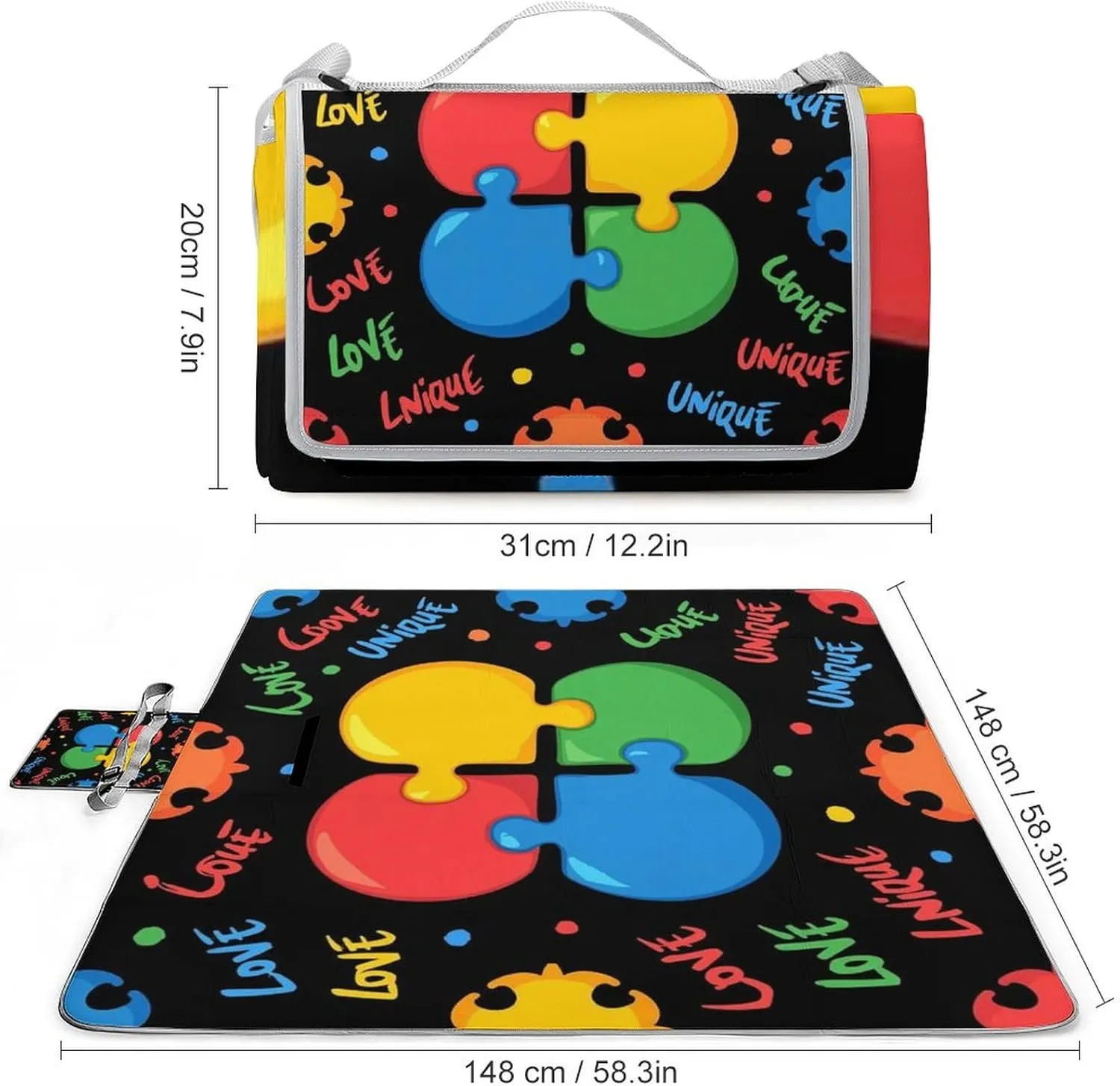 Waterproof Colorful Autism Awareness Puzzle Pieces Heart Black Picnic Blanket with Strap, Foldable and Portable Mat for Indoor Family, Beach, Park, Travel, Camping
