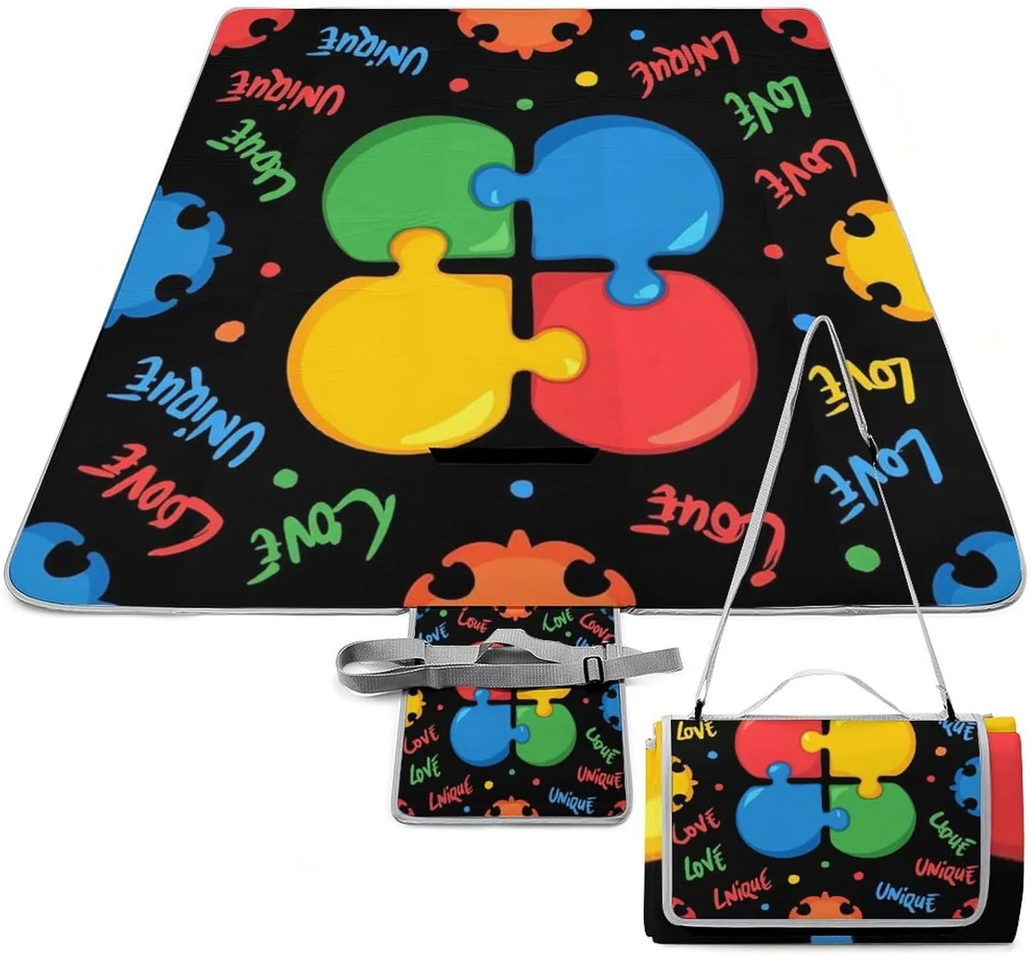 Waterproof Colorful Autism Awareness Puzzle Pieces Heart Black Picnic Blanket with Strap, Foldable and Portable Mat for Indoor Family, Beach, Park, Travel, Camping