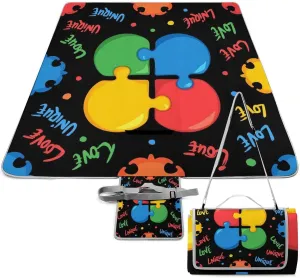 Waterproof Colorful Autism Awareness Puzzle Pieces Heart Black Picnic Blanket with Strap, Foldable and Portable Mat for Indoor Family, Beach, Park, Travel, Camping
