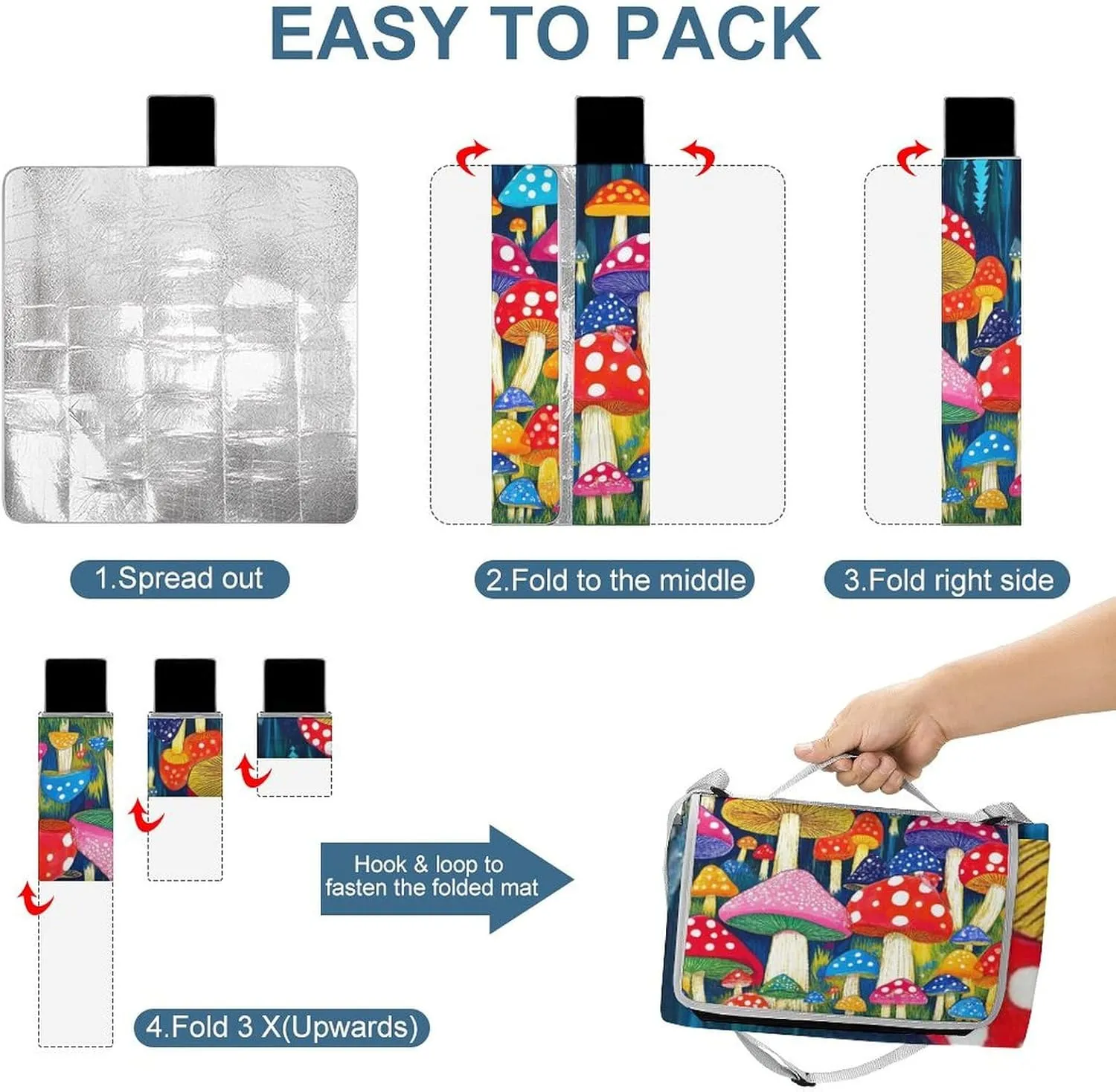Waterproof Colorful Mushrooms Art Picnic Blanket with Strap, Foldable and Portable Mat for Indoor Family, Beach, Park, Travel, Camping