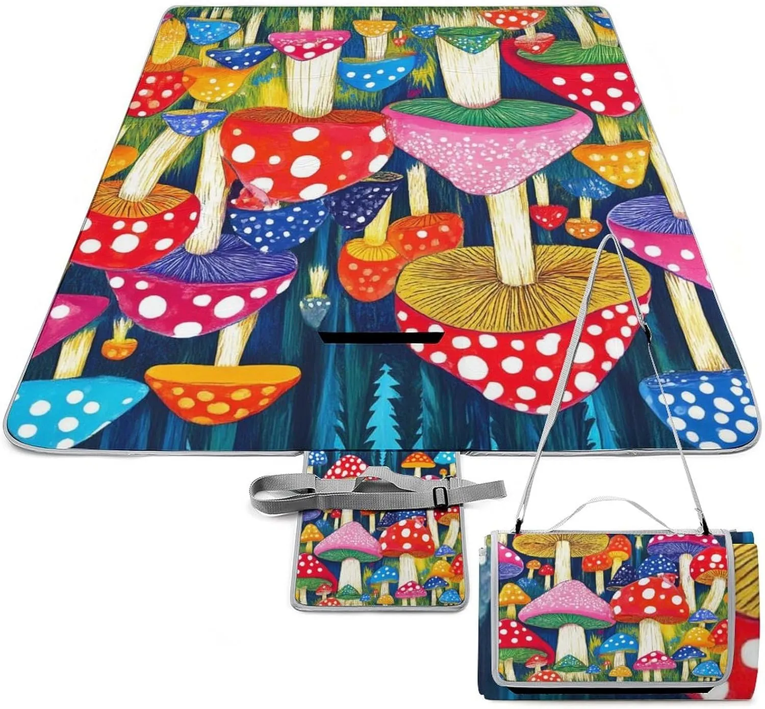 Waterproof Colorful Mushrooms Art Picnic Blanket with Strap, Foldable and Portable Mat for Indoor Family, Beach, Park, Travel, Camping