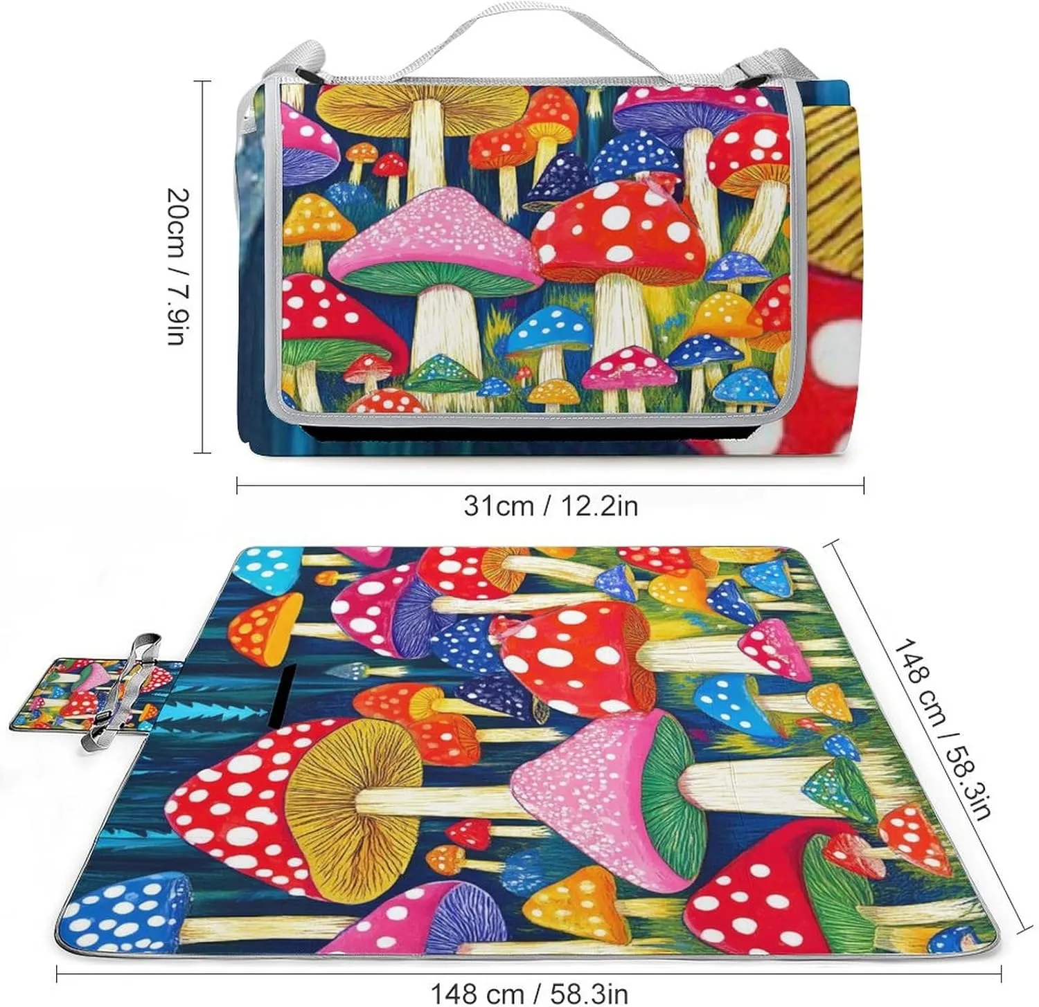 Waterproof Colorful Mushrooms Art Picnic Blanket with Strap, Foldable and Portable Mat for Indoor Family, Beach, Park, Travel, Camping