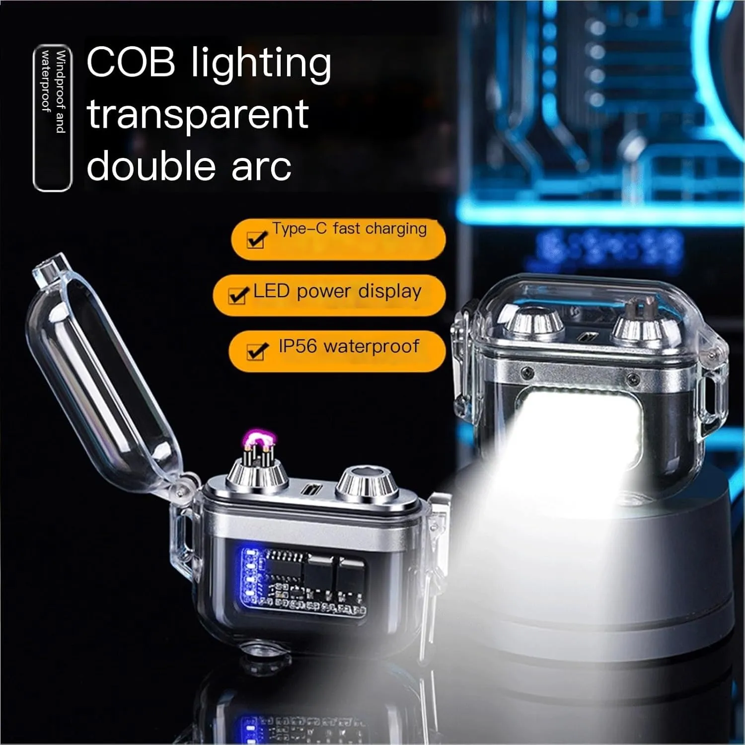 Waterproof Lighter Outdoor Windproof Electric Dual Arc Lighter Flameless Plasma Lighters for Cigarette/Cigar ，Candle， Survival ，Camping Hiking (Color : Orange)