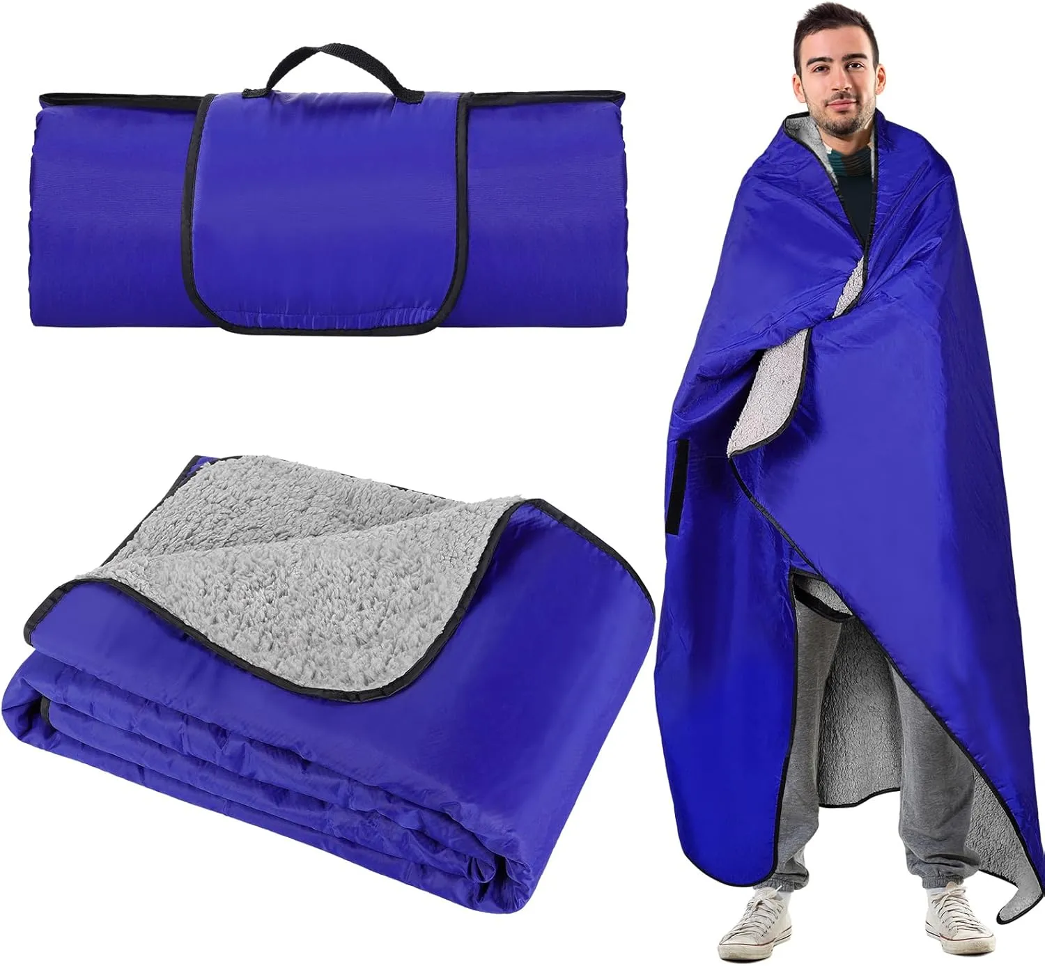 Waterproof Outdoor Stadium Blanket with Sherpa Lining, Washable Windproof Warm Foldable for Camping, Sporting Events, Picnic, Concerts, Pet, Travel, Emergency Car Blanket, Gift for Cold Weather (Blue)