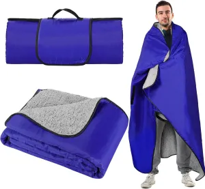 Waterproof Outdoor Stadium Blanket with Sherpa Lining, Washable Windproof Warm Foldable for Camping, Sporting Events, Picnic, Concerts, Pet, Travel, Emergency Car Blanket, Gift for Cold Weather (Blue)