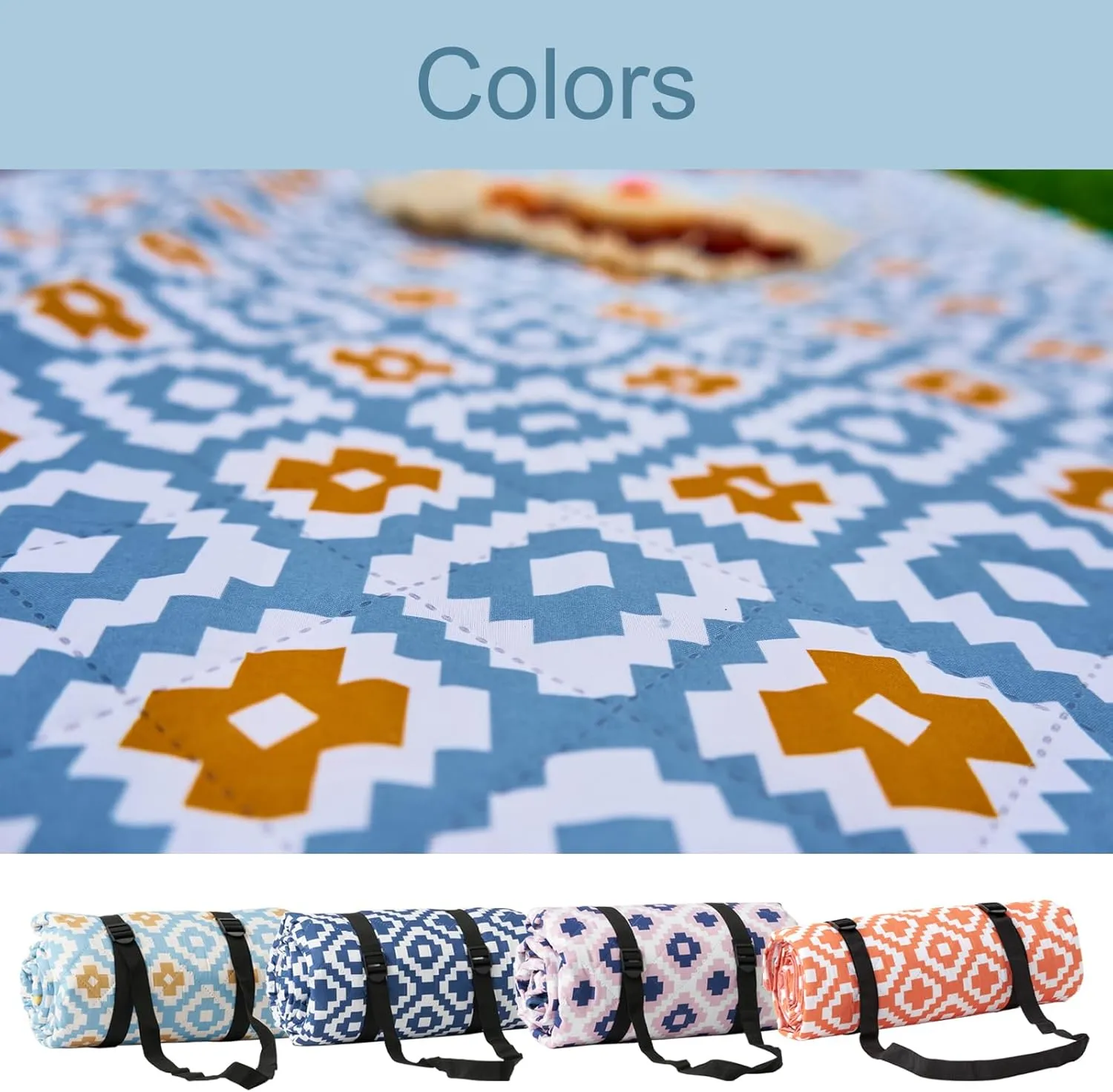 Waterproof Picnic Beach Blanket, 60’’x80’’ Sandproof Outdoor mat with Adjustable Strap, Durable 4 Layers Park Blanket for Picnic Travel Camping Hiking Outdoor Concert (Sky Blue)