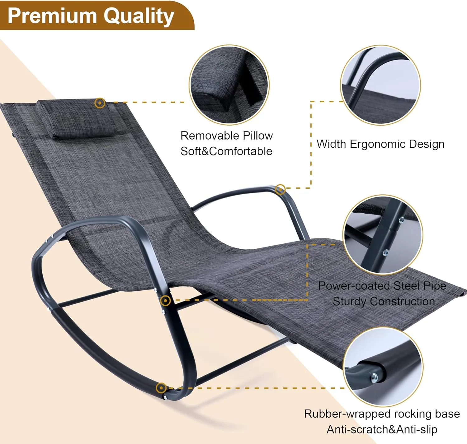 WeCooper Zero Gravity Rocking Chair, Patio Chaise for Indoor and Outdoor, Wavy Lounge Chair for Yard and Patio, Removable Headrest, Black and Grey, Twin Pack