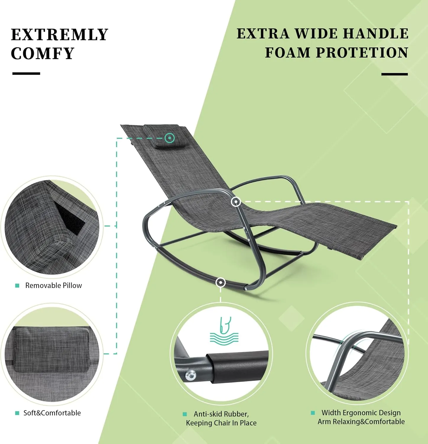 WeCooper Zero Gravity Rocking Chair, Patio Chaise for Indoor and Outdoor, Wavy Lounge Chair for Yard and Patio, Removable Headrest, Black and Grey, Twin Pack
