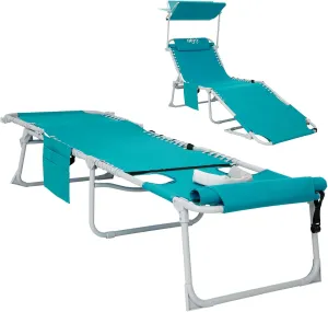 #WEJOY 3 in 1 Tanning Chair with Face Hole & Canopy, 300 lbs Heavy Duty 5 Positions Folding Face Down Lounge Chairs Outdoor with Pillow & Storage Bag Portable for Pool Beach Lawn Camping (Cyan)