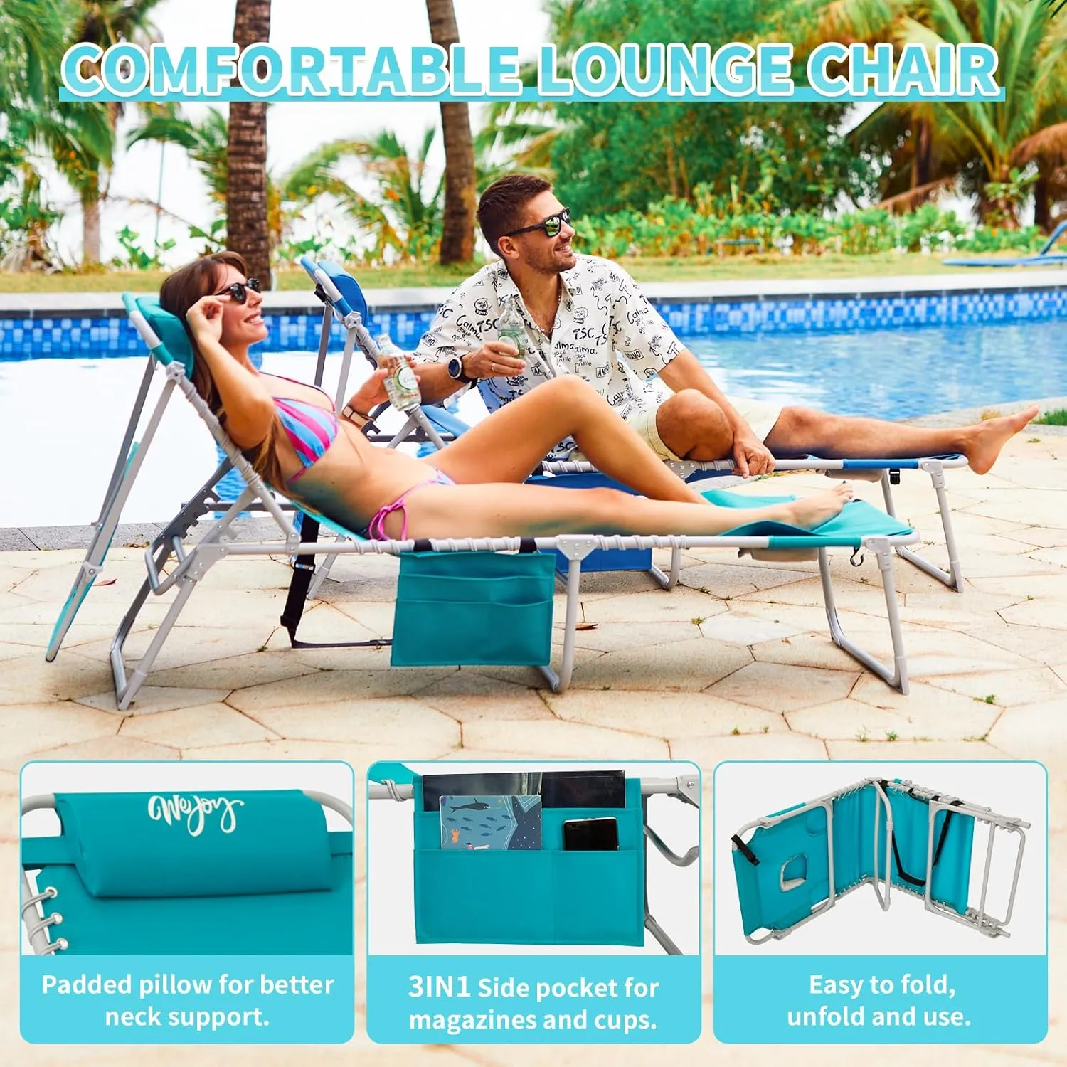 #WEJOY 3 in 1 Tanning Chair with Face Hole & Canopy, 300 lbs Heavy Duty 5 Positions Folding Face Down Lounge Chairs Outdoor with Pillow & Storage Bag Portable for Pool Beach Lawn Camping (Cyan)