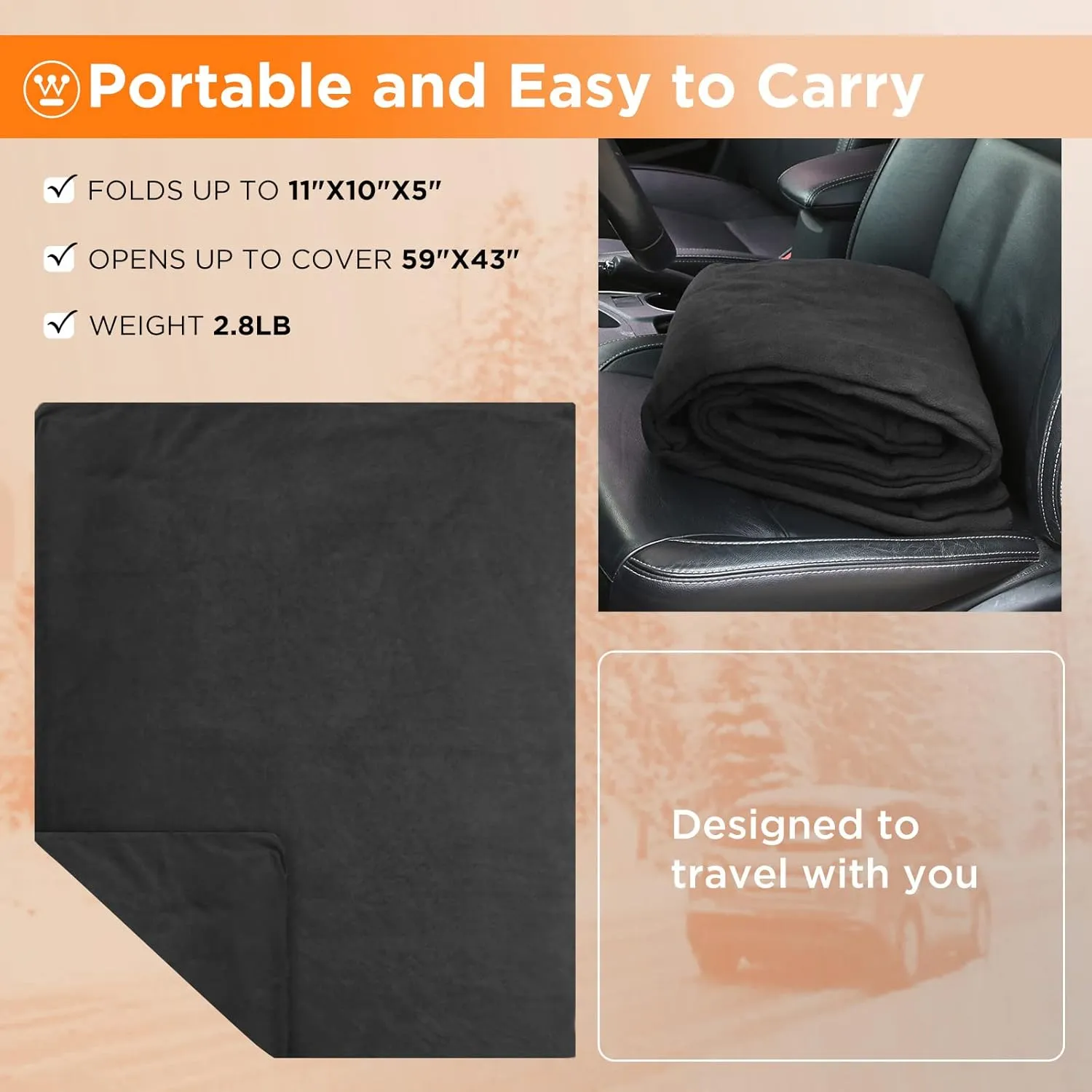 Westinghouse Heated Car Blanke1t, 12-Volt Electric Blanket for Car, Truck, SUV, RV, Portable Heated Throw for Camping, Charcoal, 59" x 43”