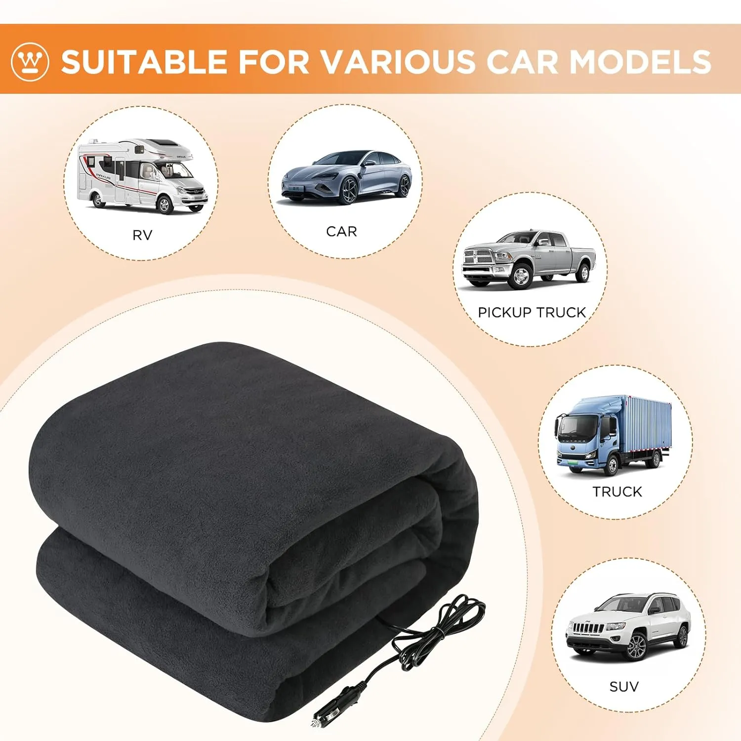 Westinghouse Heated Car Blanke1t, 12-Volt Electric Blanket for Car, Truck, SUV, RV, Portable Heated Throw for Camping, Charcoal, 59" x 43”