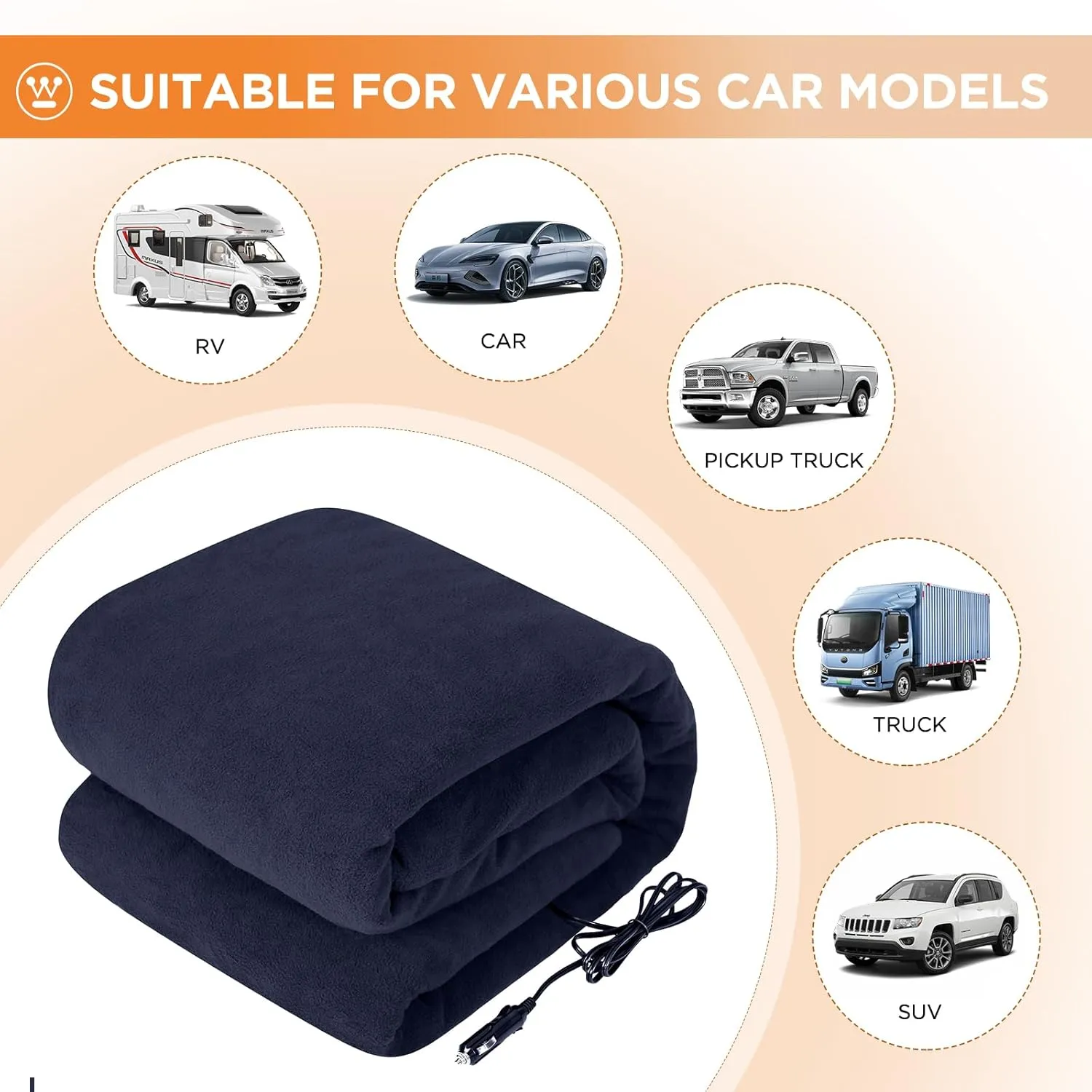 Westinghouse Heated Car Blanket, 12-Volt Electric Blanket for Car, Truck, SUV, RV, Portable Heated Throw for Camping, Navy, 59" x 43”