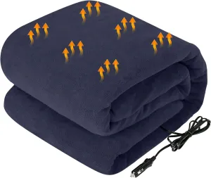 Westinghouse Heated Car Blanket, 12-Volt Electric Blanket for Car, Truck, SUV, RV, Portable Heated Throw for Camping, Navy, 59" x 43”