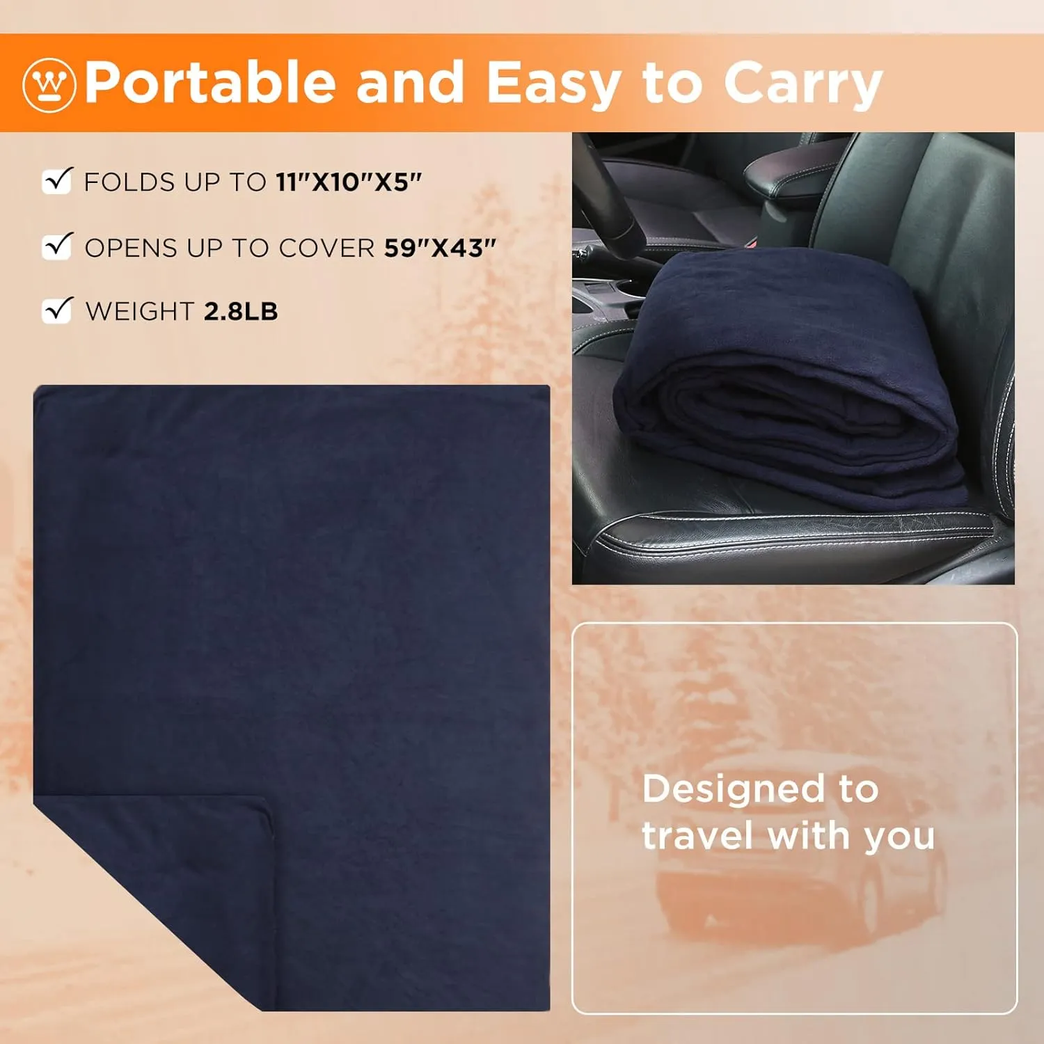 Westinghouse Heated Car Blanket, 12-Volt Electric Blanket for Car, Truck, SUV, RV, Portable Heated Throw for Camping, Navy, 59" x 43”