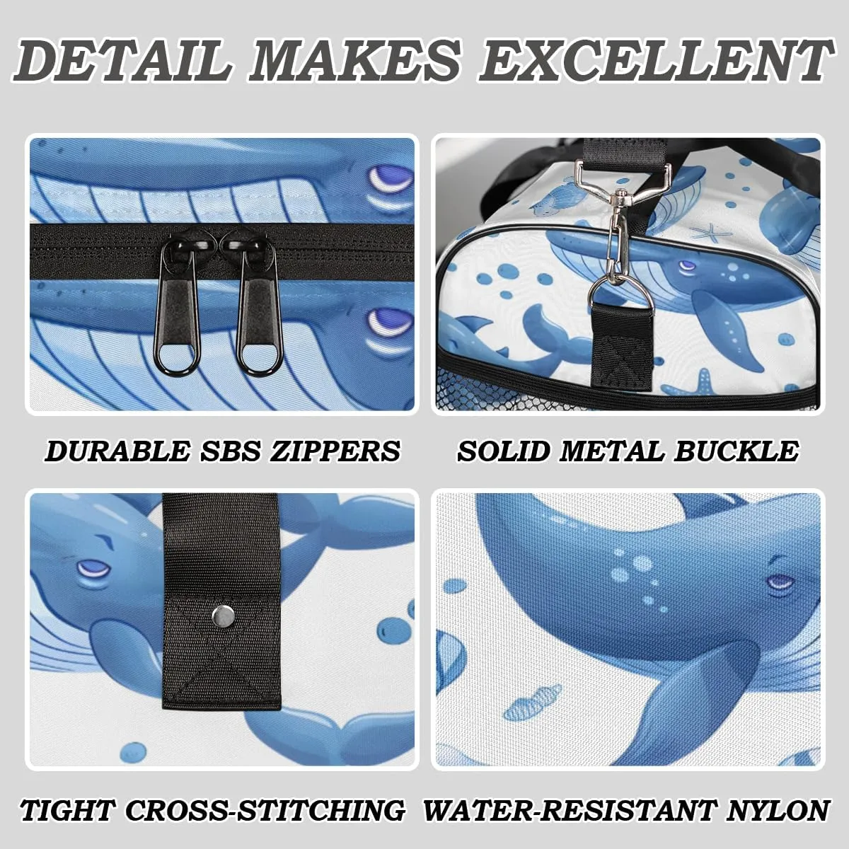 Whale Travel Duffle Bag for Women Men Foldable Waterproof Weekender Bag Carry on Tote for Overnight Sports Gym Nautical Theme Sea Coastal