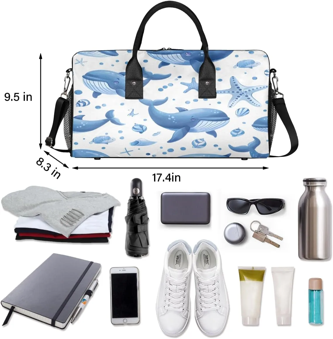 Whale Travel Duffle Bag for Women Men Foldable Waterproof Weekender Bag Carry on Tote for Overnight Sports Gym Nautical Theme Sea Coastal