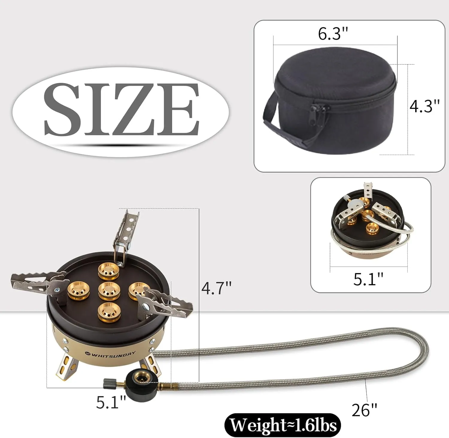 Whitsunday Camping Stove, Windproof Portable Gas Stove with Fuel Canister Adapter, Piezo Ignition, Carry Case for Outdoor Camping Hiking (11000W-Khaki)
