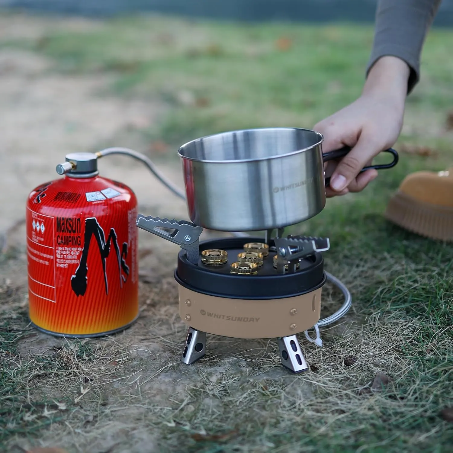 Whitsunday Camping Stove, Windproof Portable Gas Stove with Fuel Canister Adapter, Piezo Ignition, Carry Case for Outdoor Camping Hiking (11000W-Khaki)