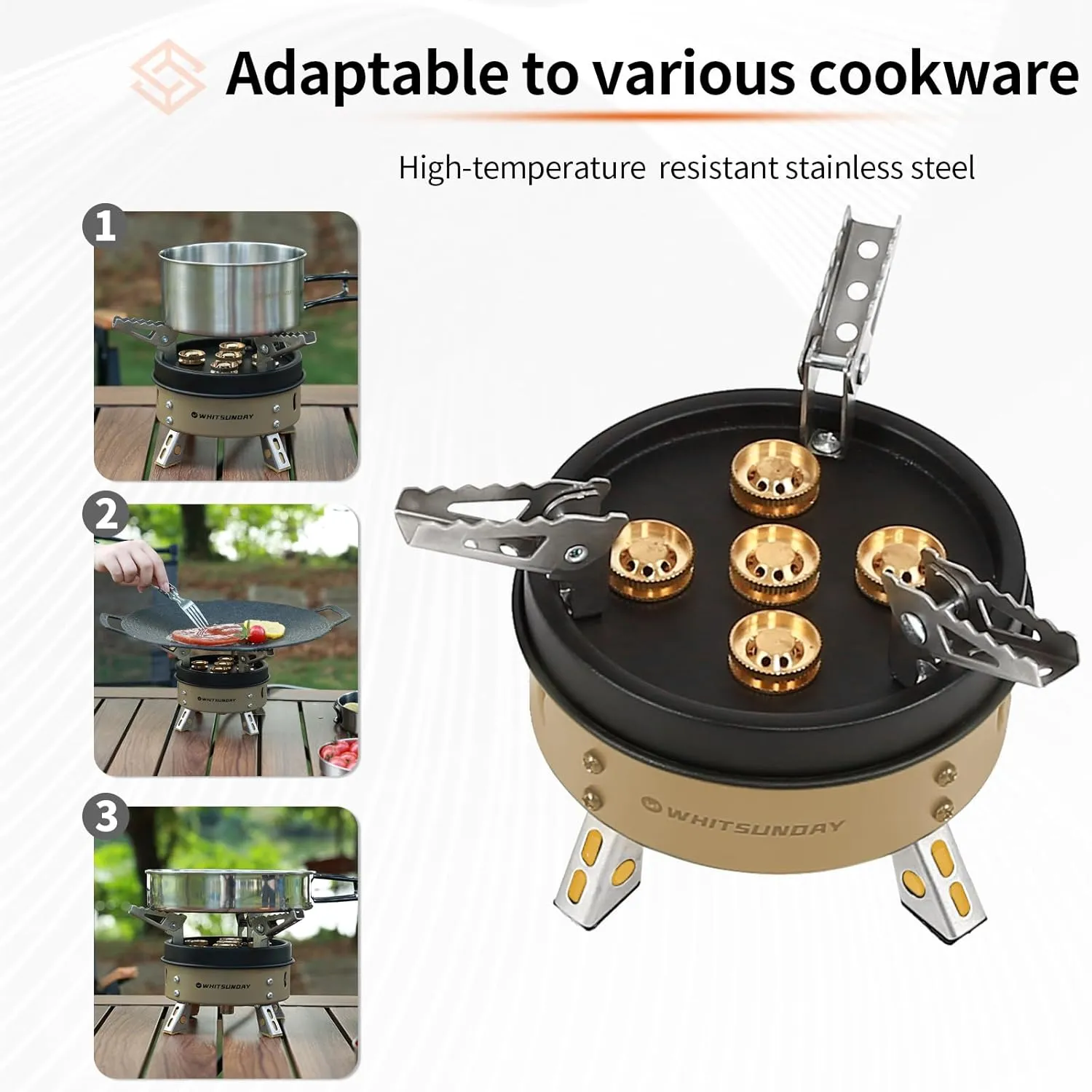 Whitsunday Camping Stove, Windproof Portable Gas Stove with Fuel Canister Adapter, Piezo Ignition, Carry Case for Outdoor Camping Hiking (11000W-Khaki)