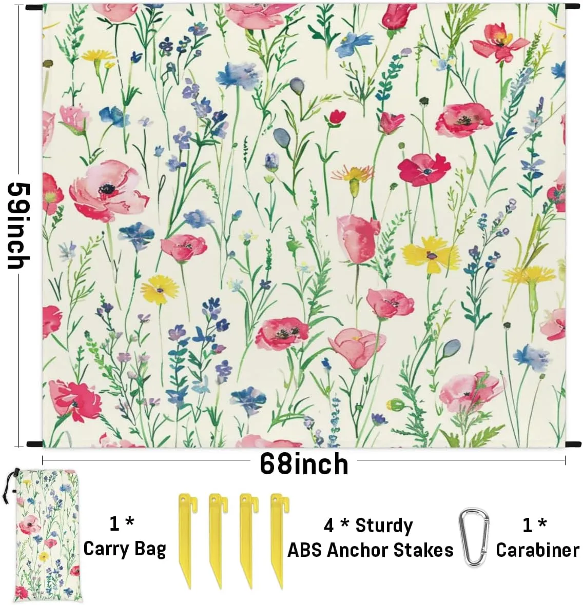 Wildflowers Floral Beach Blanket, Sandproof Beach Mat, Adults Waterproof Quick Drying Sand Free Mat with 4 x Ground Spikes for Outdoor Travel Camping Hiking, Colorful Flowers