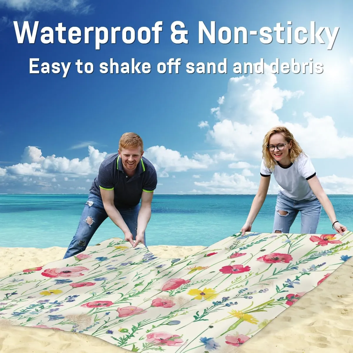 Wildflowers Floral Beach Blanket, Sandproof Beach Mat, Adults Waterproof Quick Drying Sand Free Mat with 4 x Ground Spikes for Outdoor Travel Camping Hiking, Colorful Flowers