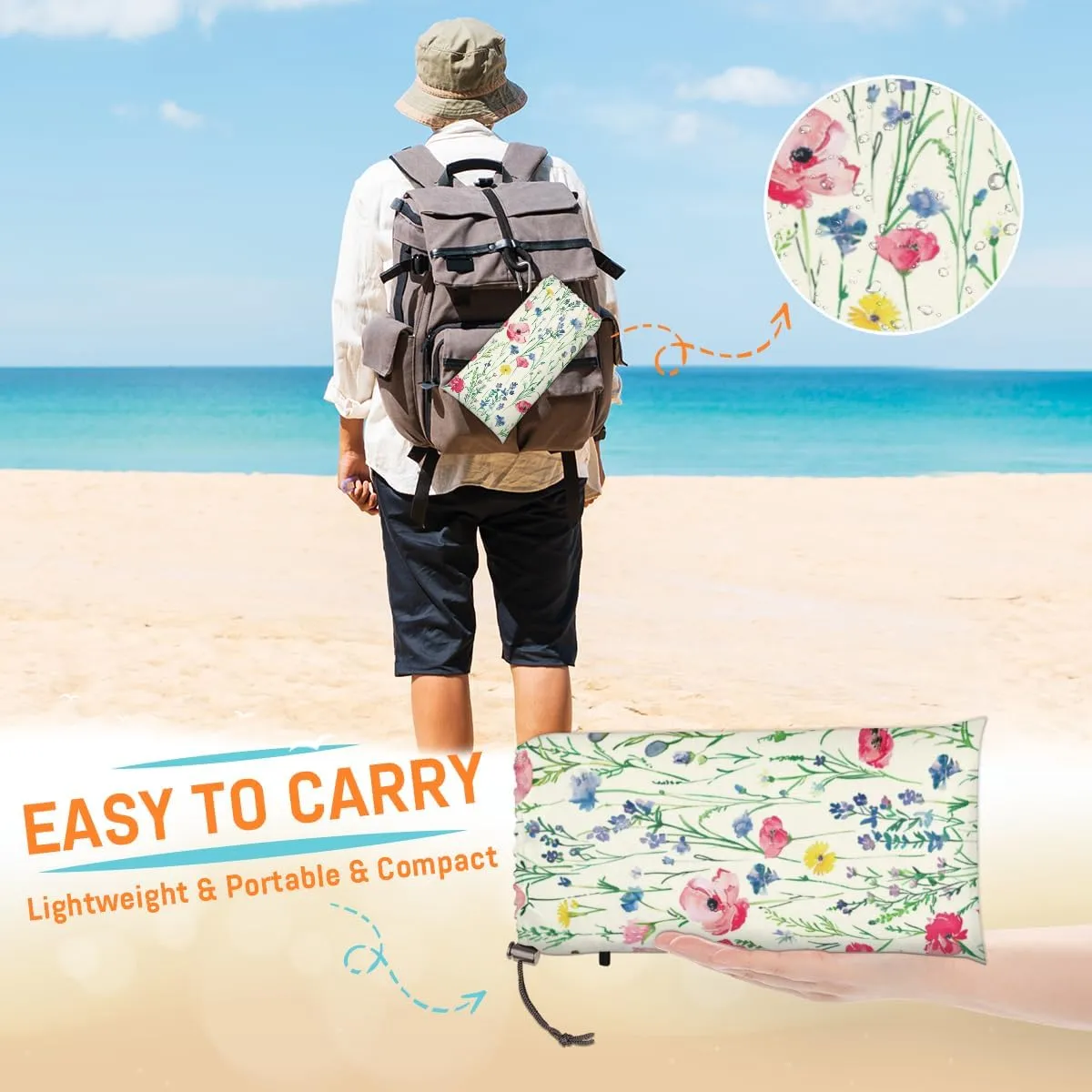 Wildflowers Floral Beach Blanket, Sandproof Beach Mat, Adults Waterproof Quick Drying Sand Free Mat with 4 x Ground Spikes for Outdoor Travel Camping Hiking, Colorful Flowers