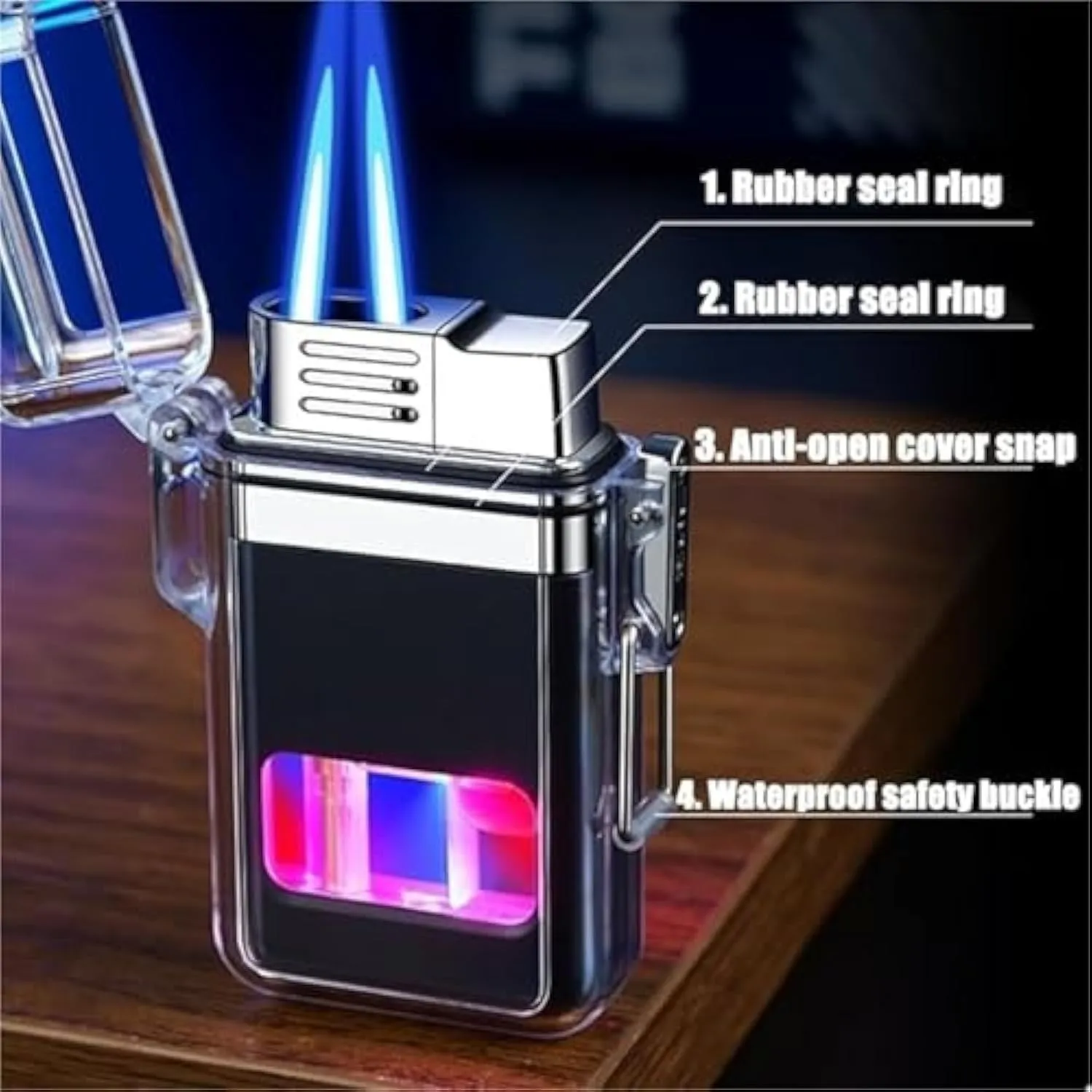 Windproof and Waterproof Butane Lighter, Dual Flame, Clear Air Window with LED Light, Suitable for BBQ, Candle, Camping(Red)