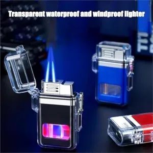 Windproof and Waterproof Butane Lighter, Dual Flame, Clear Air Window with LED Light, Suitable for BBQ, Candle, Camping(Red)